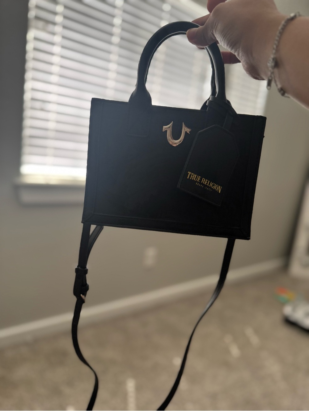 True Religion Black Mini Tote Handbag with Gold Logo